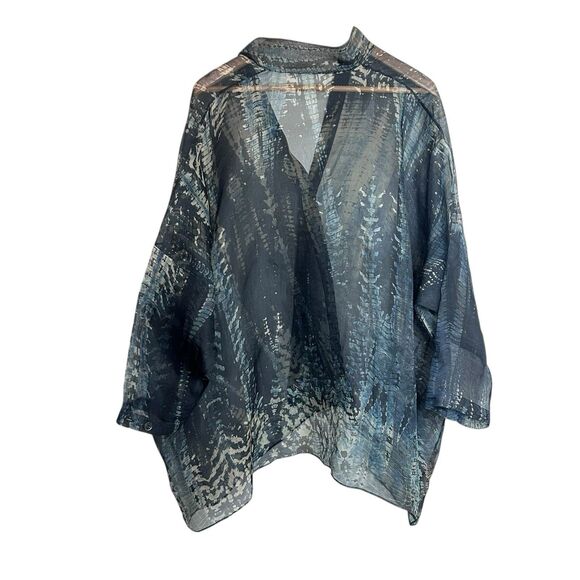Harari 100% Silk Sheer Poncho Top Blouse Kaftan One Size Blue Black Abstract - Picture 4 of 6